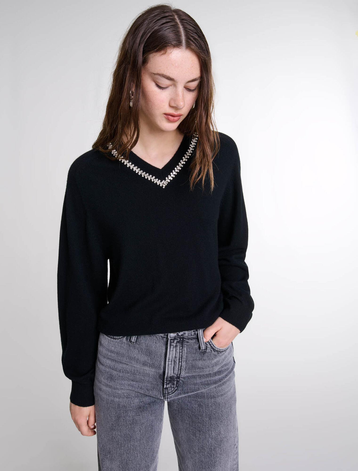 Pullover in maglia con collo strass