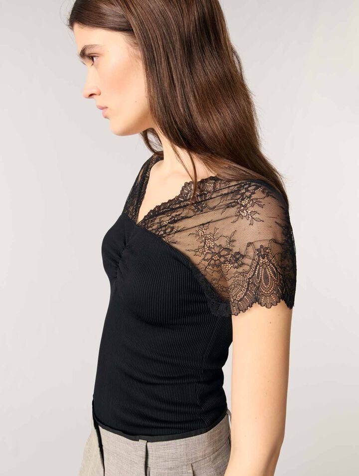 Top in jersey con applicazioni in pizzo