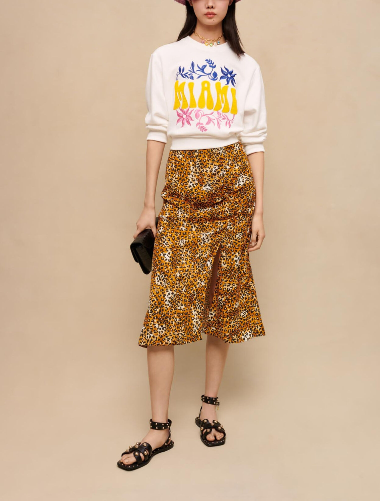 Gonna midi con stampa leopardo