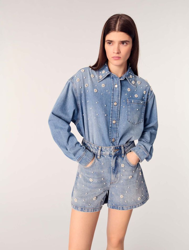 Shorts in denim con perle ricamate