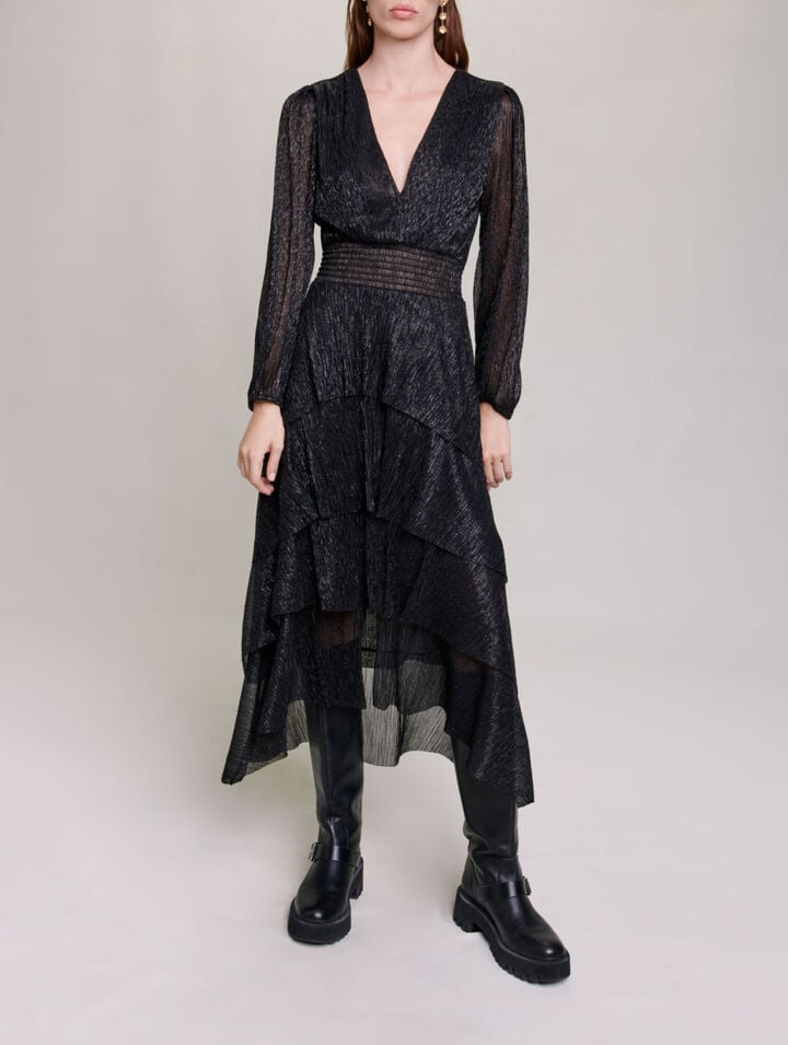 Abito a volant lam&eacute; elasticizzato pliss&eacute;