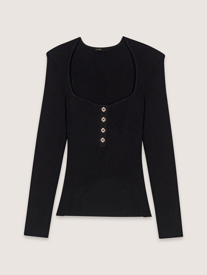 Pullover scollato in maglia a coste