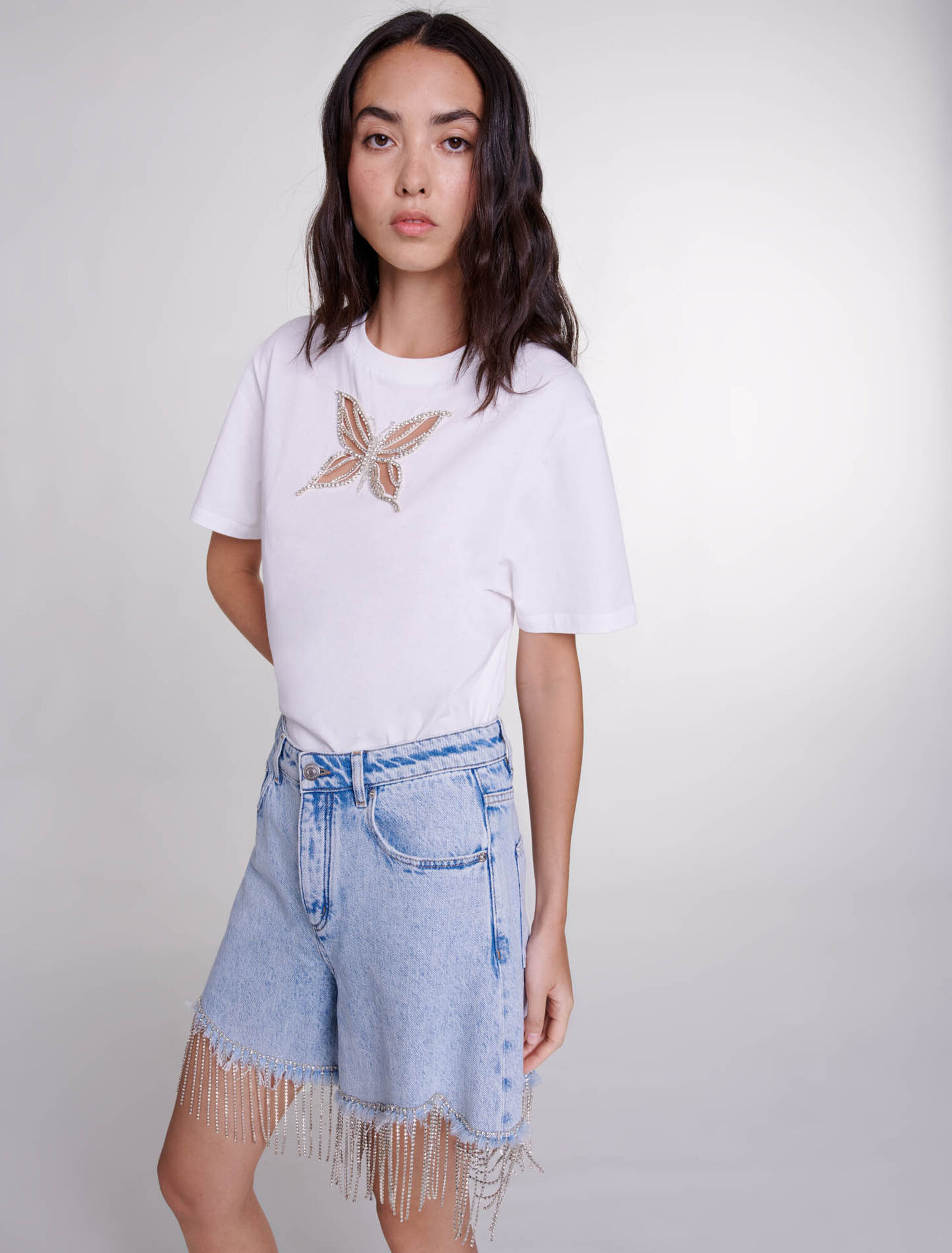 Shorts in denim con strass