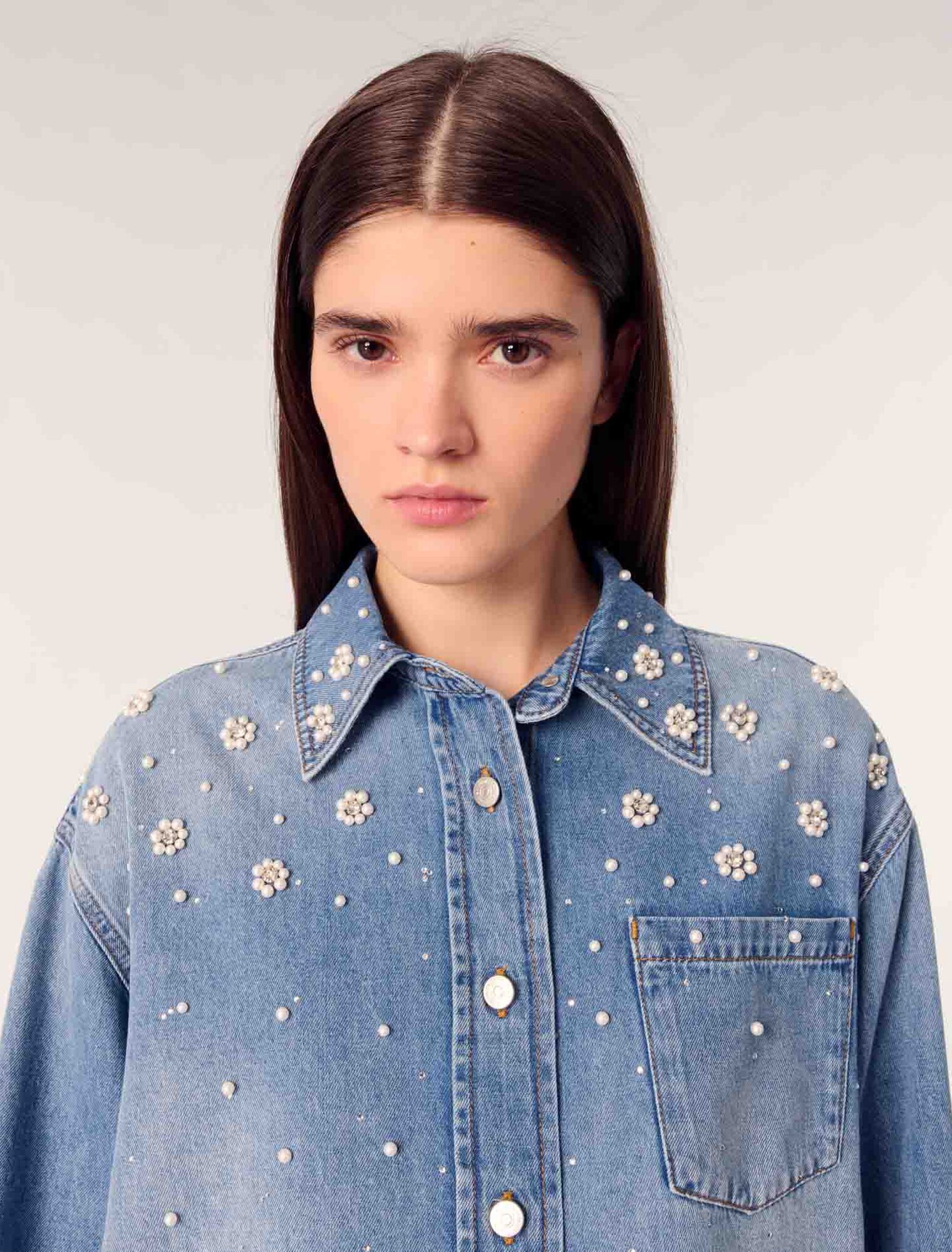 Camicia in denim con perle ricamate
