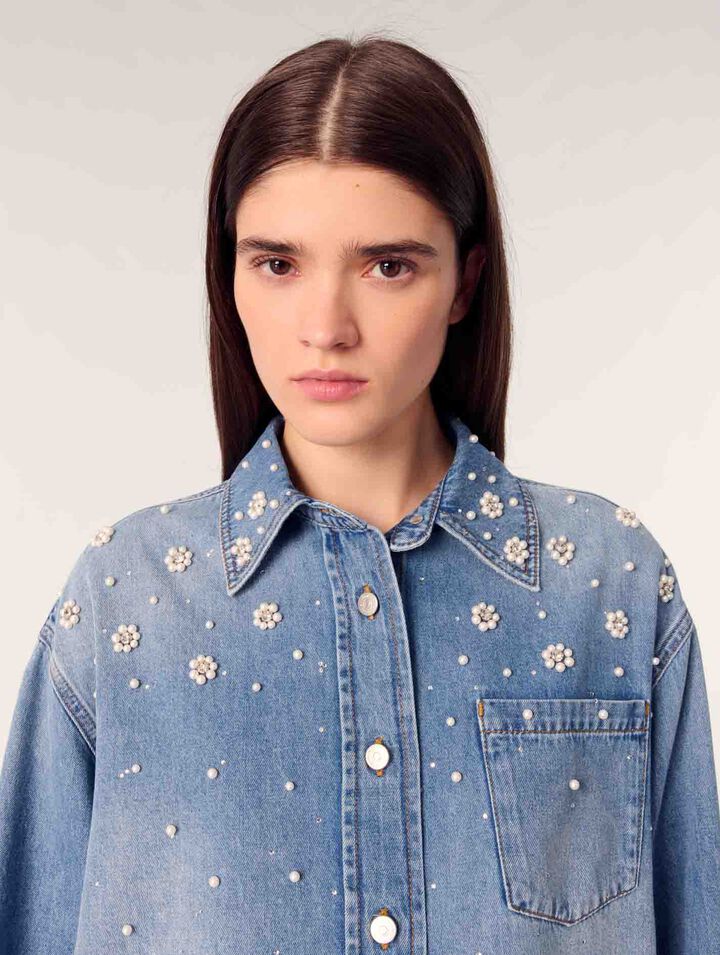 Camicia in denim con perle ricamate