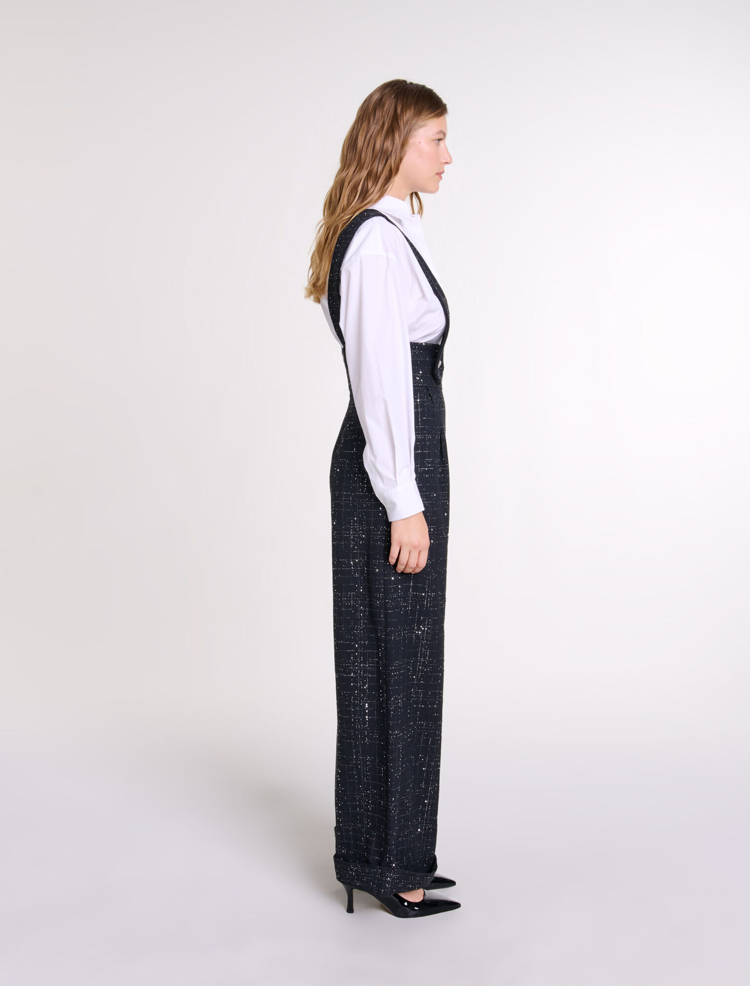 Pantaloni larghi bretelle in tweed