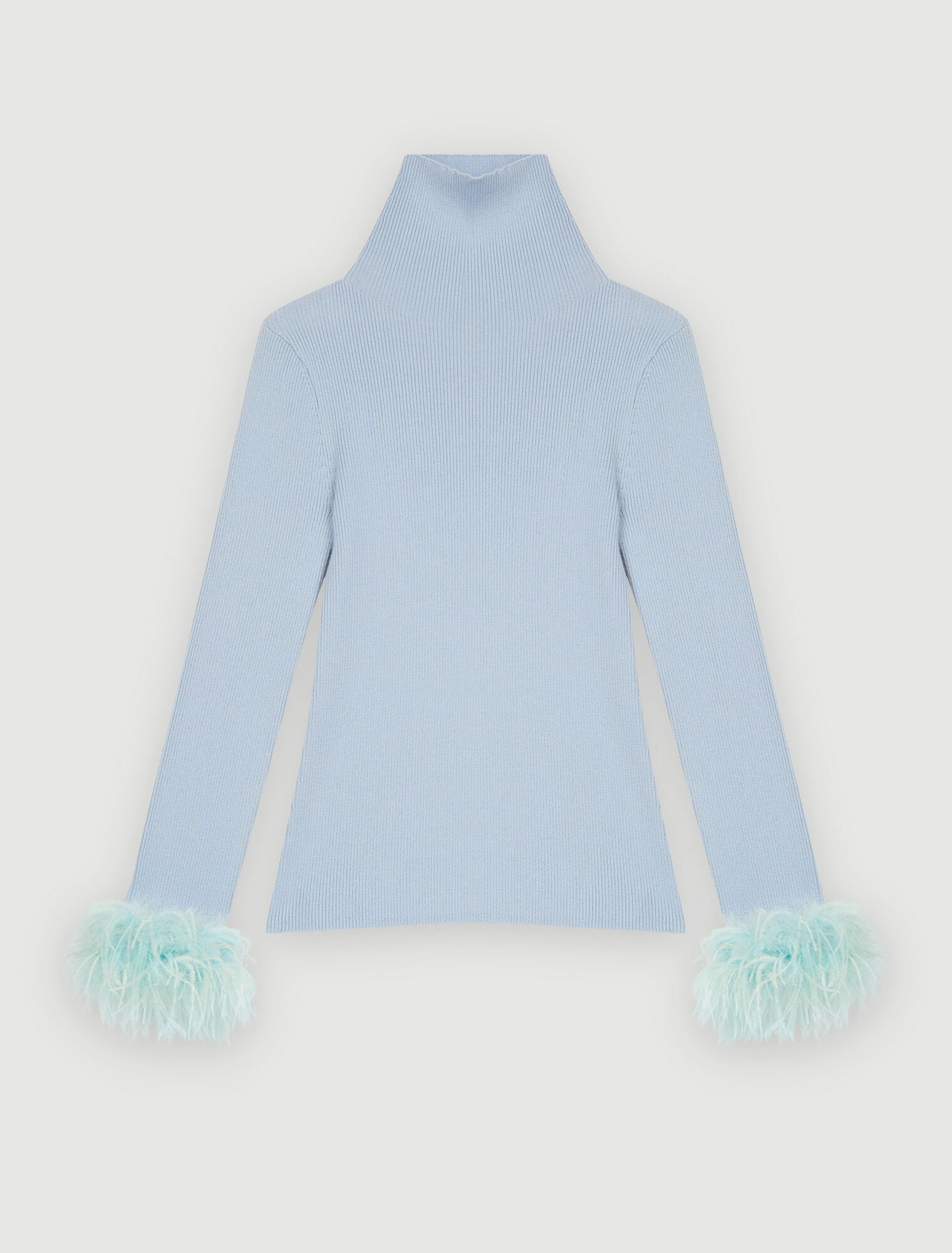 Pullover collo alto con piume ai polsini