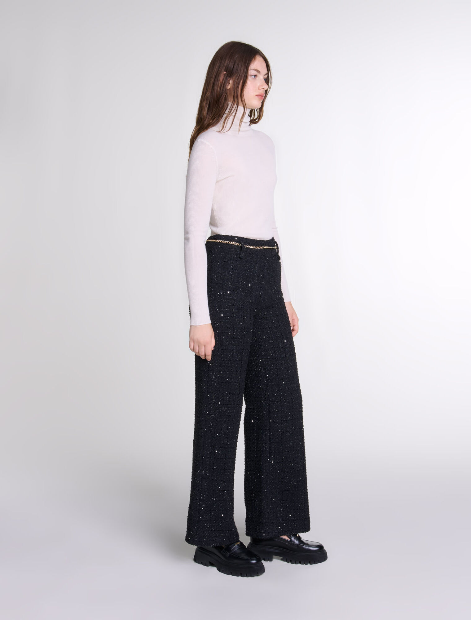 Pantaloni in tweed e paillettes