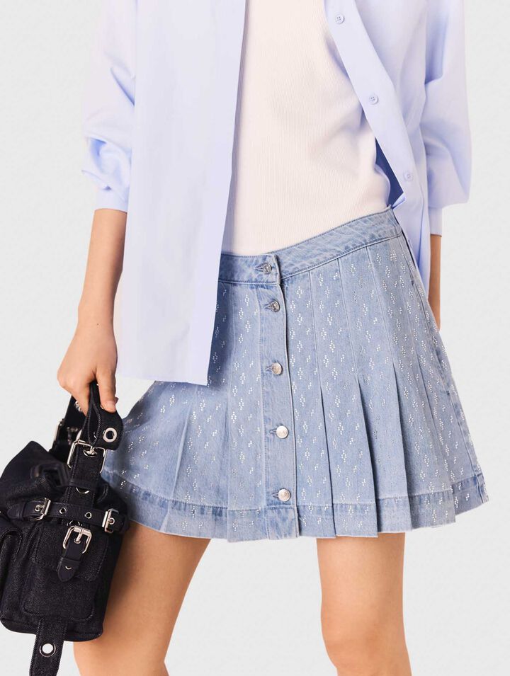 Gonna plissettata denim con strass