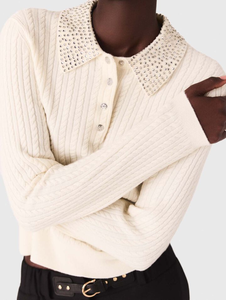 Polo in maglia con collo strass