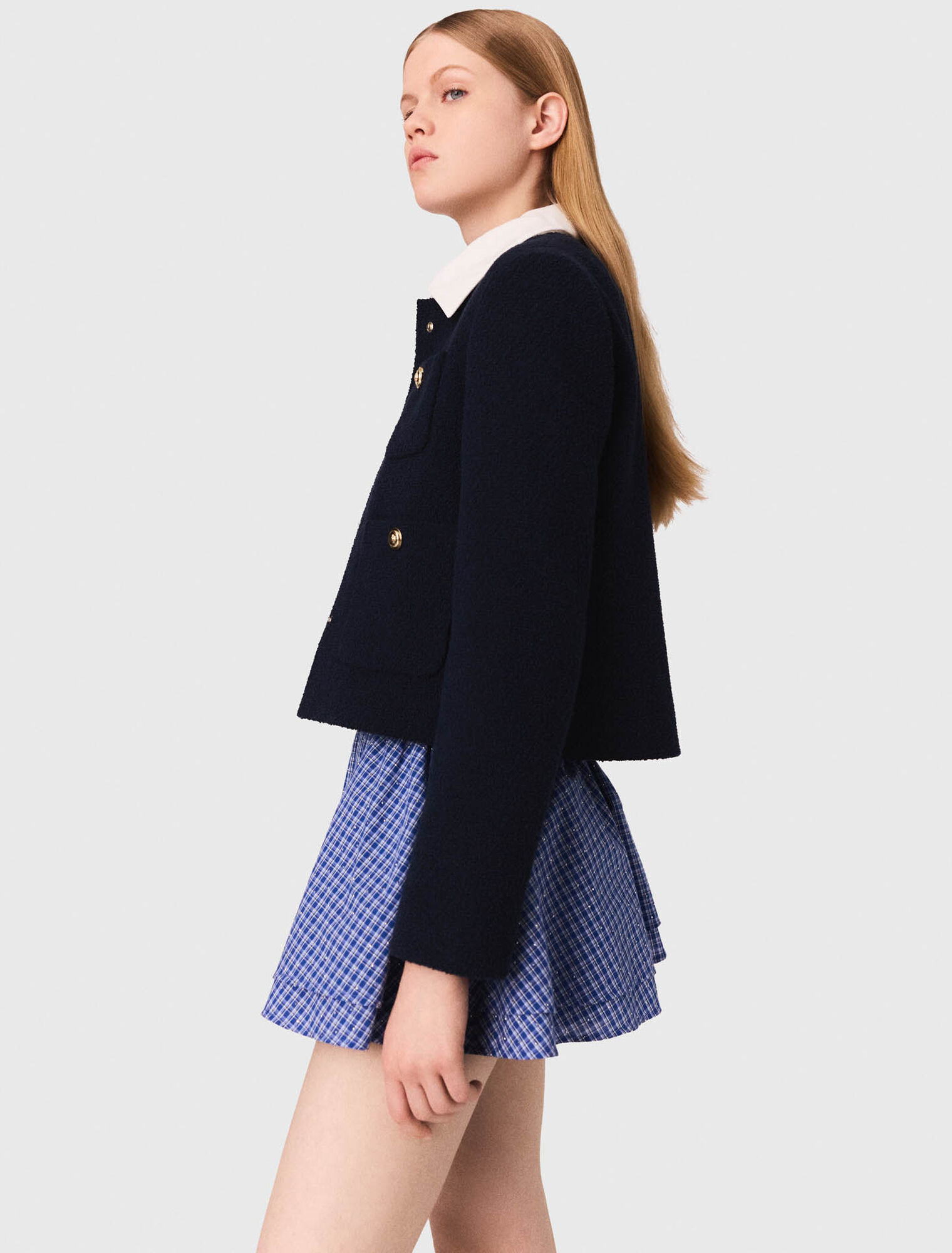 Giacca corta tweed, colletto rimov.