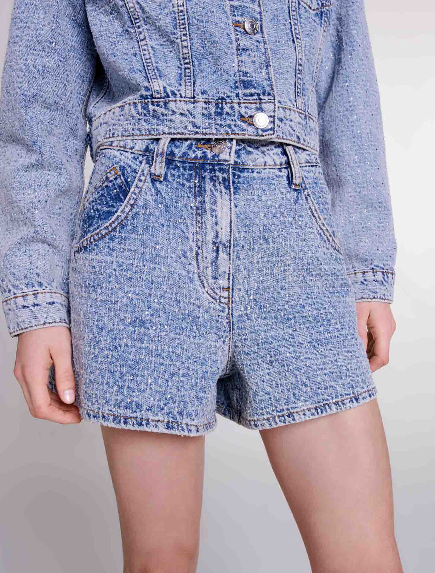 Short in jeans jacquard e strass