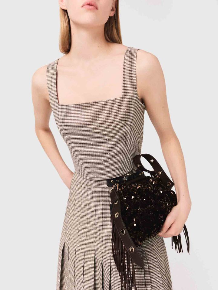 Top a quadri con strass e spalline