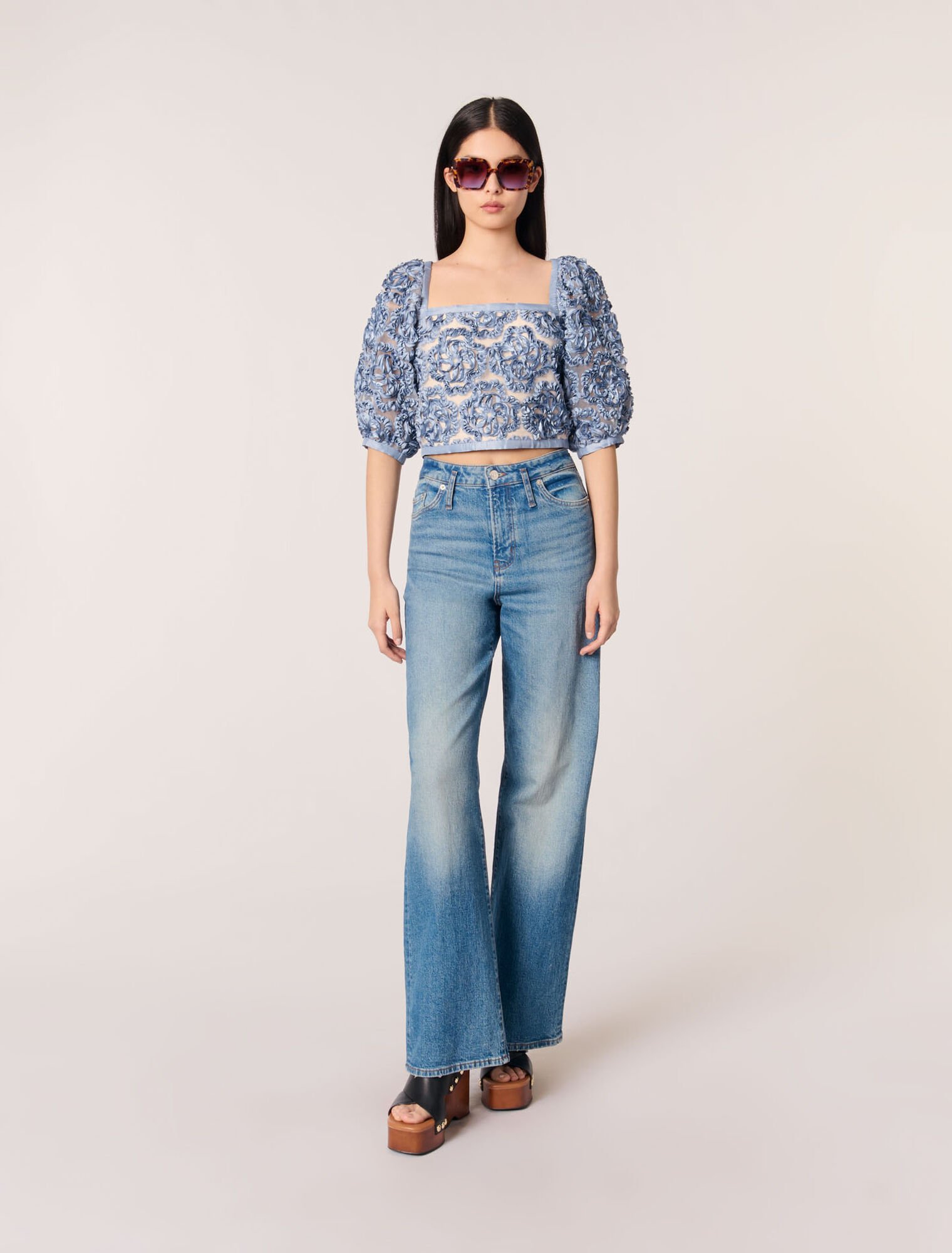 Top in organza con motivo floreale
