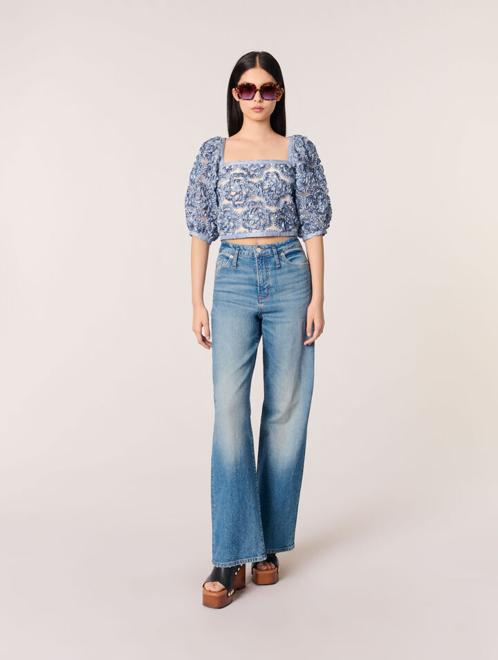 Top in organza con motivo floreale
