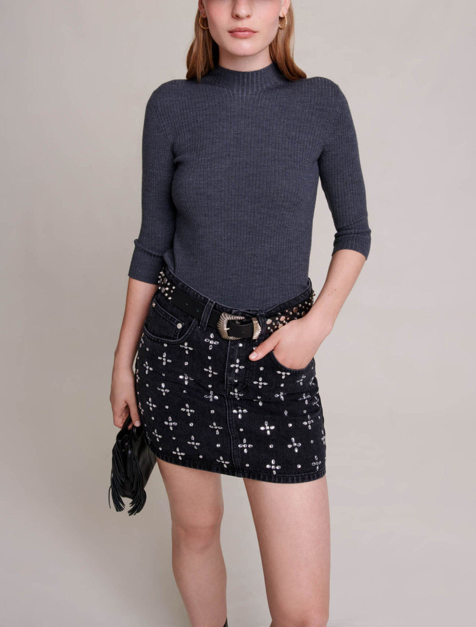 Gonna corta in denim con strass