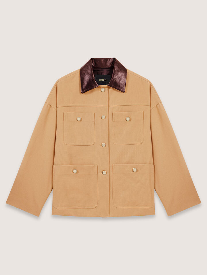 Cappotto in cotone collo in pelle
