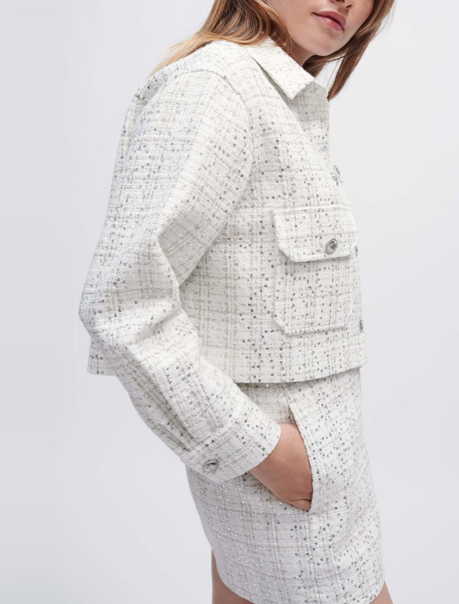Camicia in tweed ecru con paillette