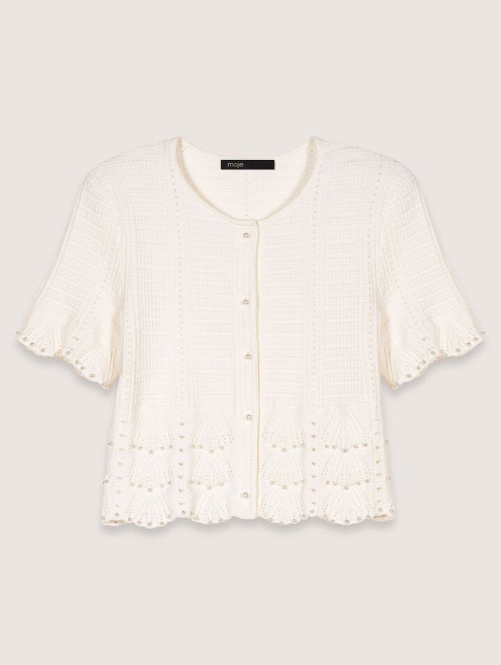 Cardigan maglia pointelle con perle