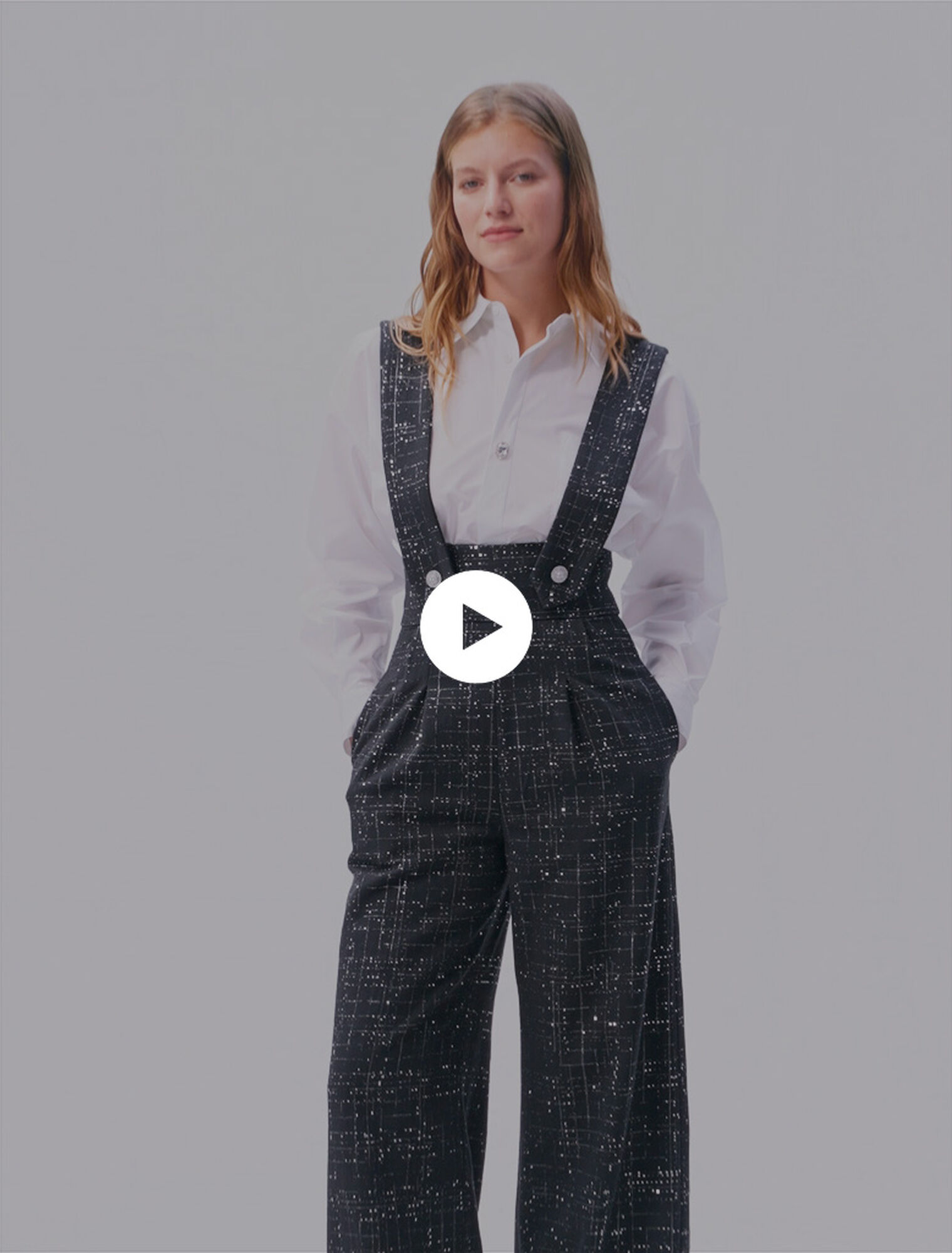 Pantaloni larghi bretelle in tweed