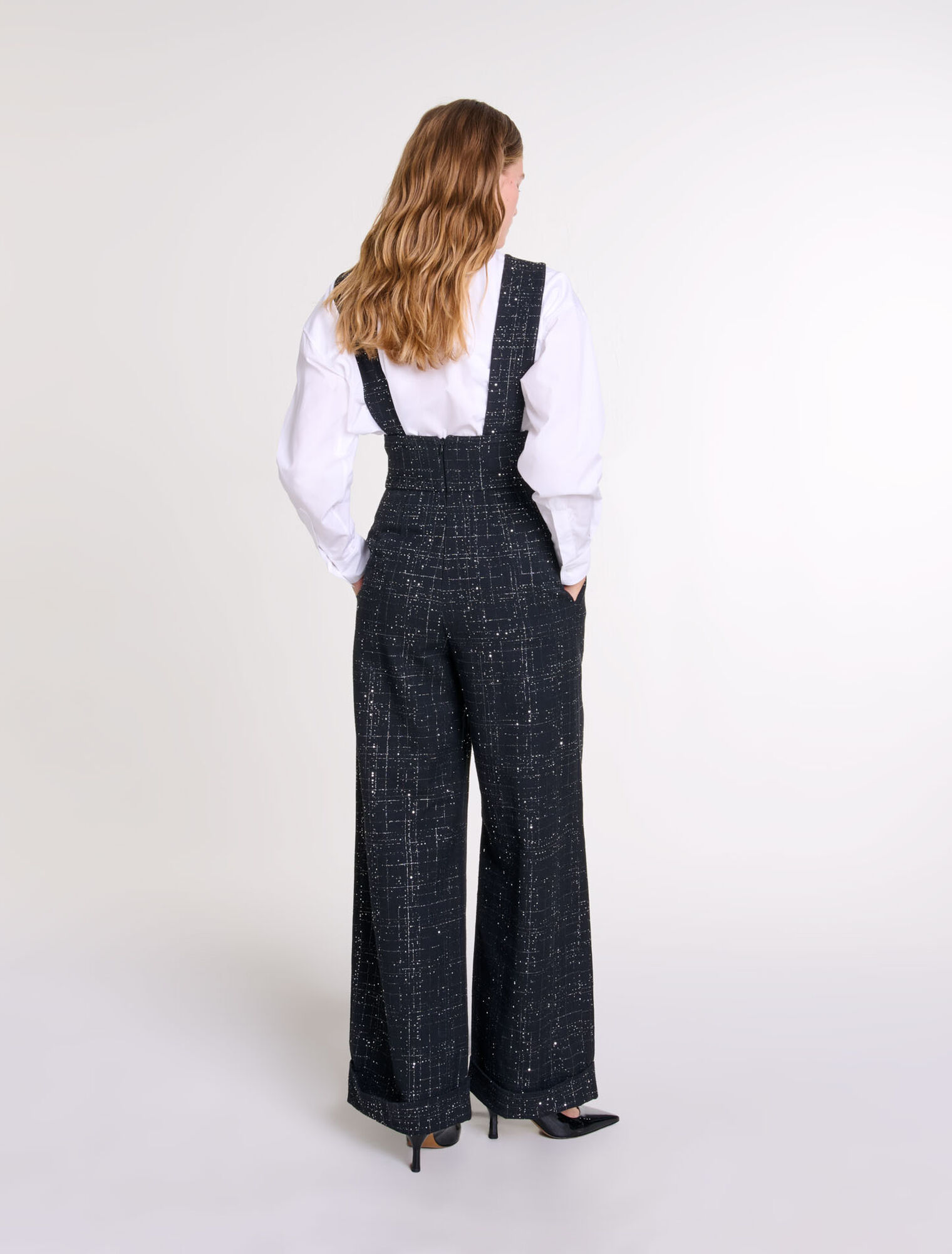 Pantaloni larghi bretelle in tweed
