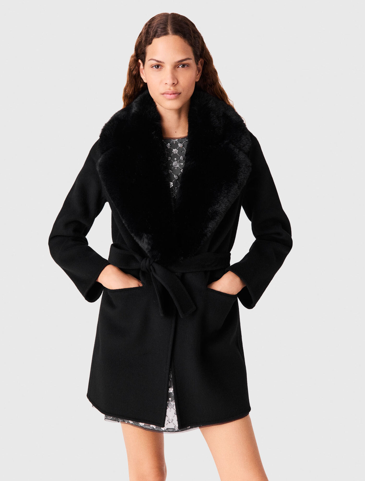 Cappotto lungo collo ecopelliccia