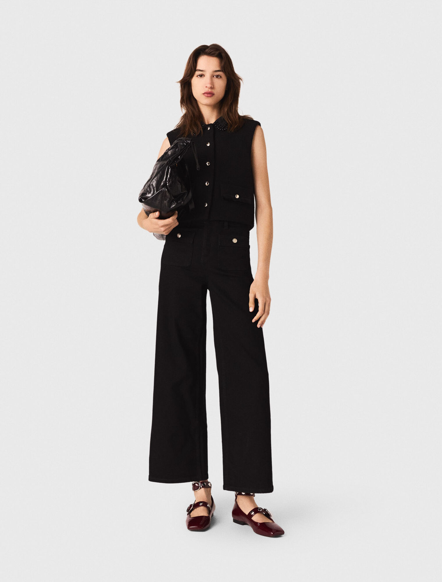 Top in tweed con profili in velluto