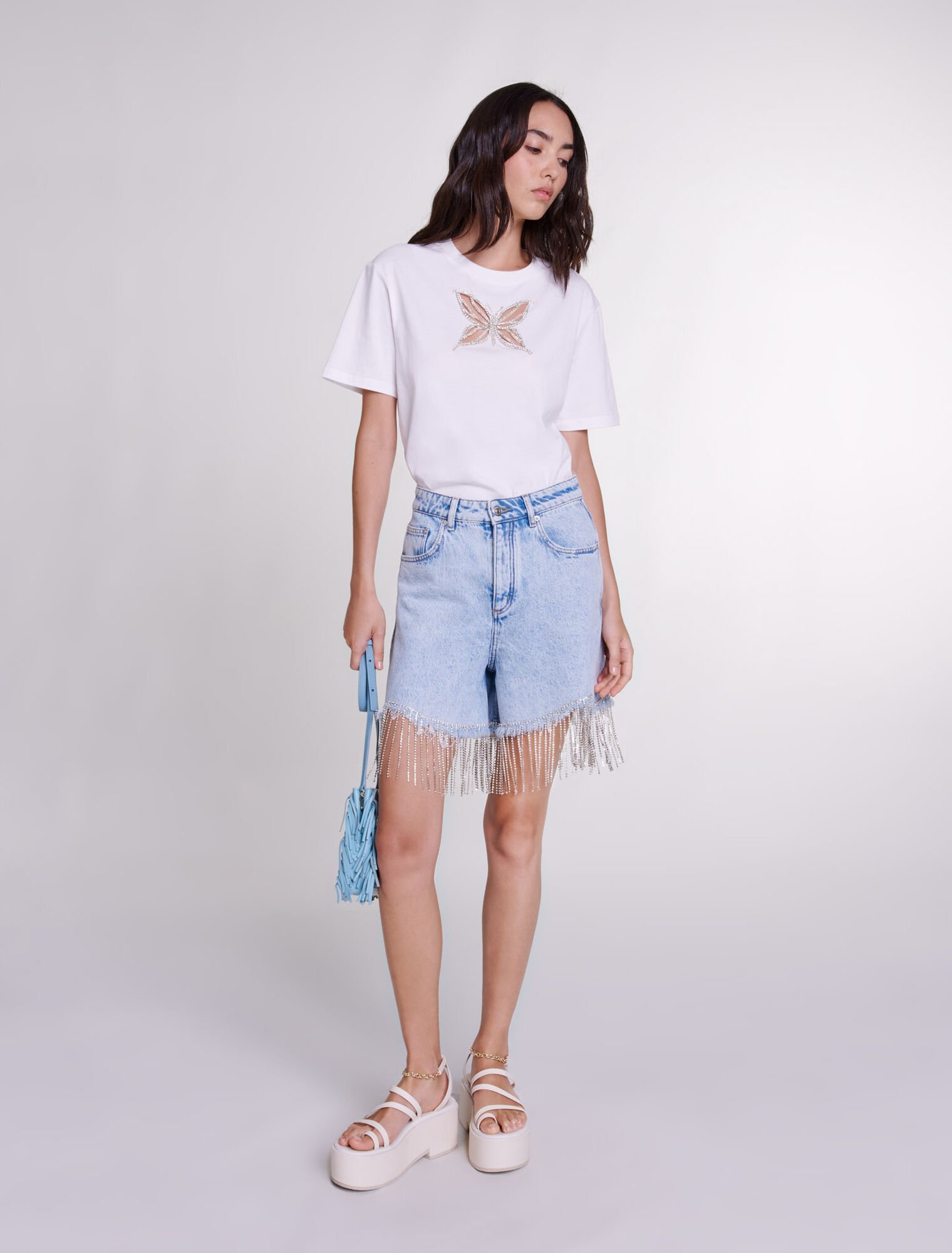 Shorts in denim con strass