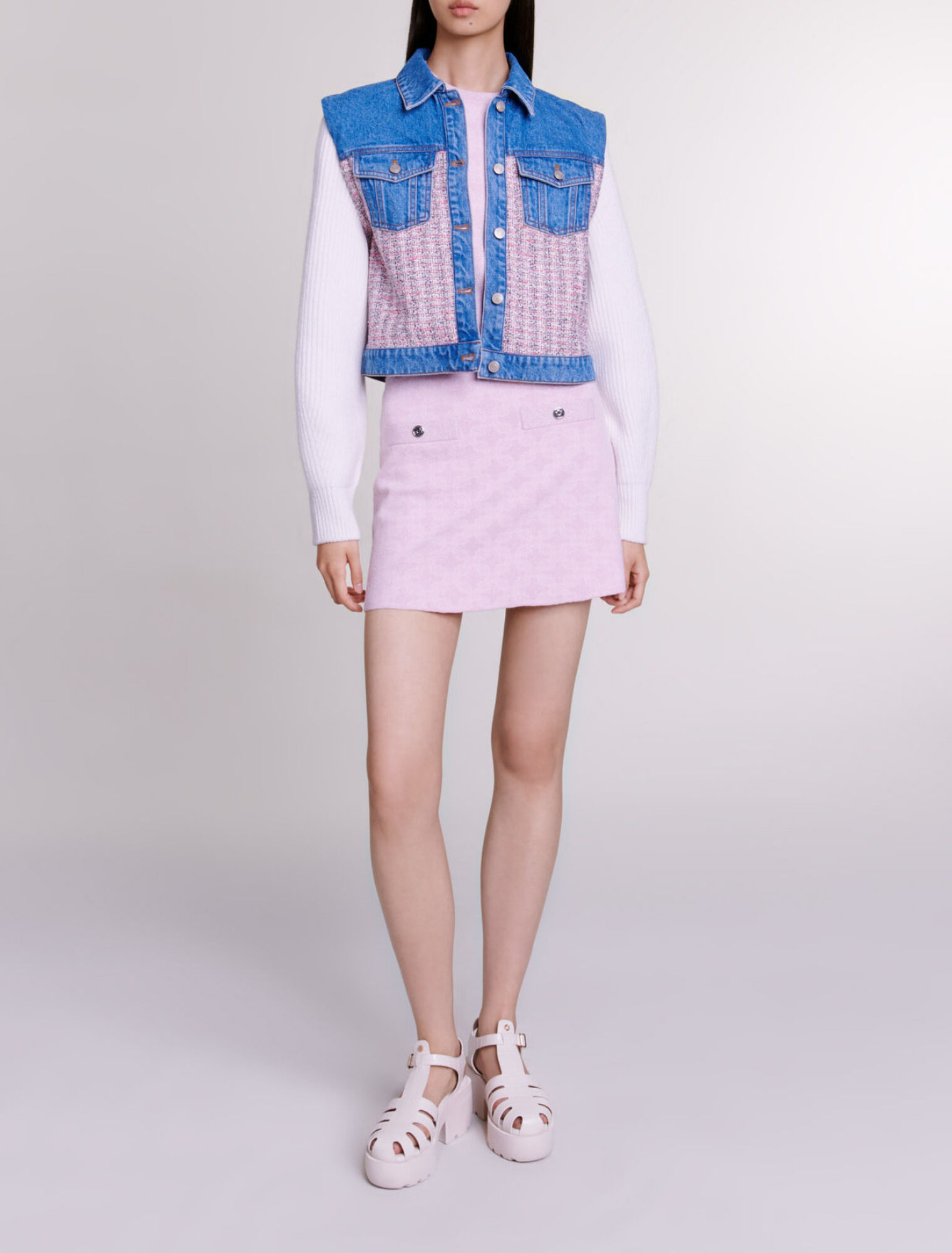 Giubbotto corto in denim e tweed