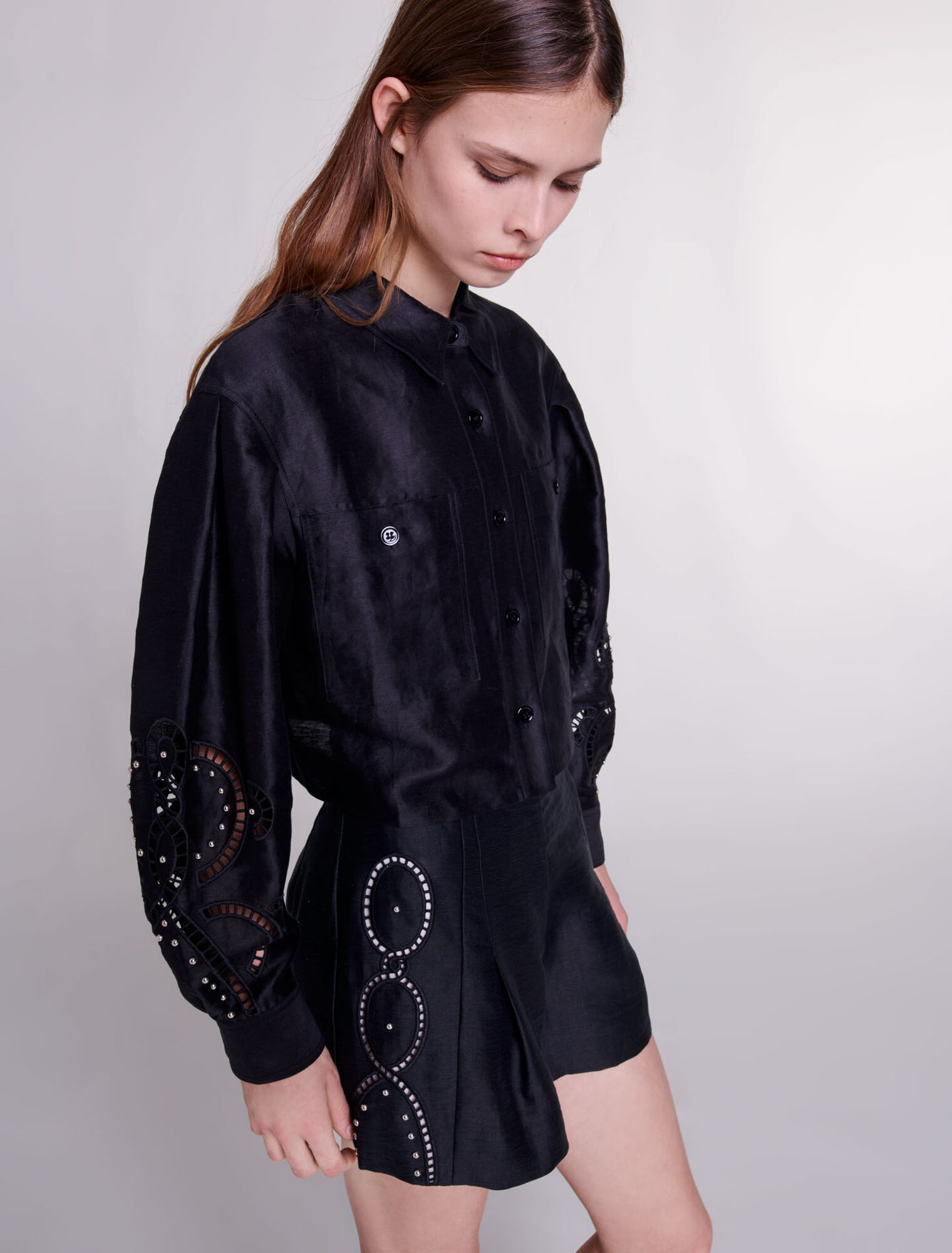 Camicia corta in lino traforato