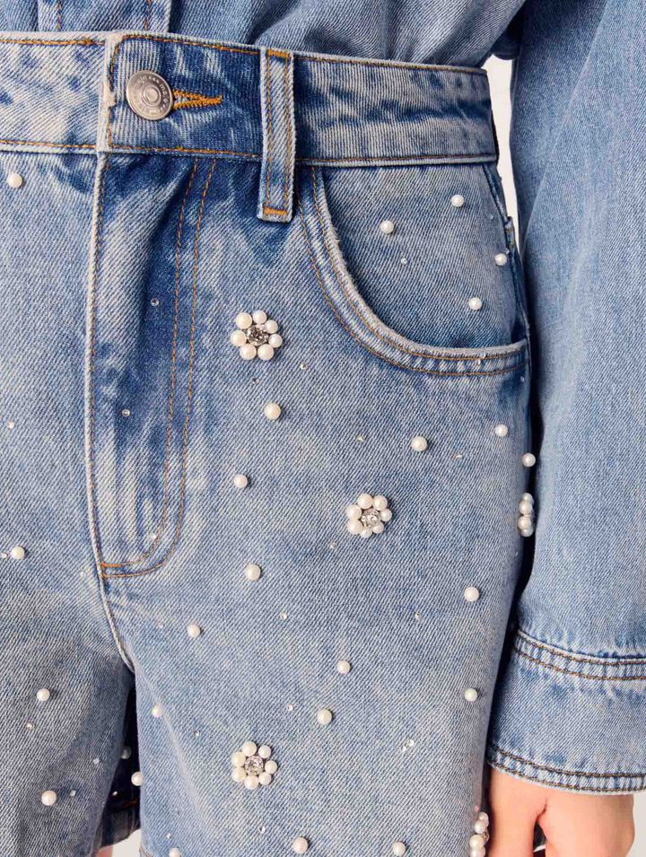 Shorts in denim con perle ricamate