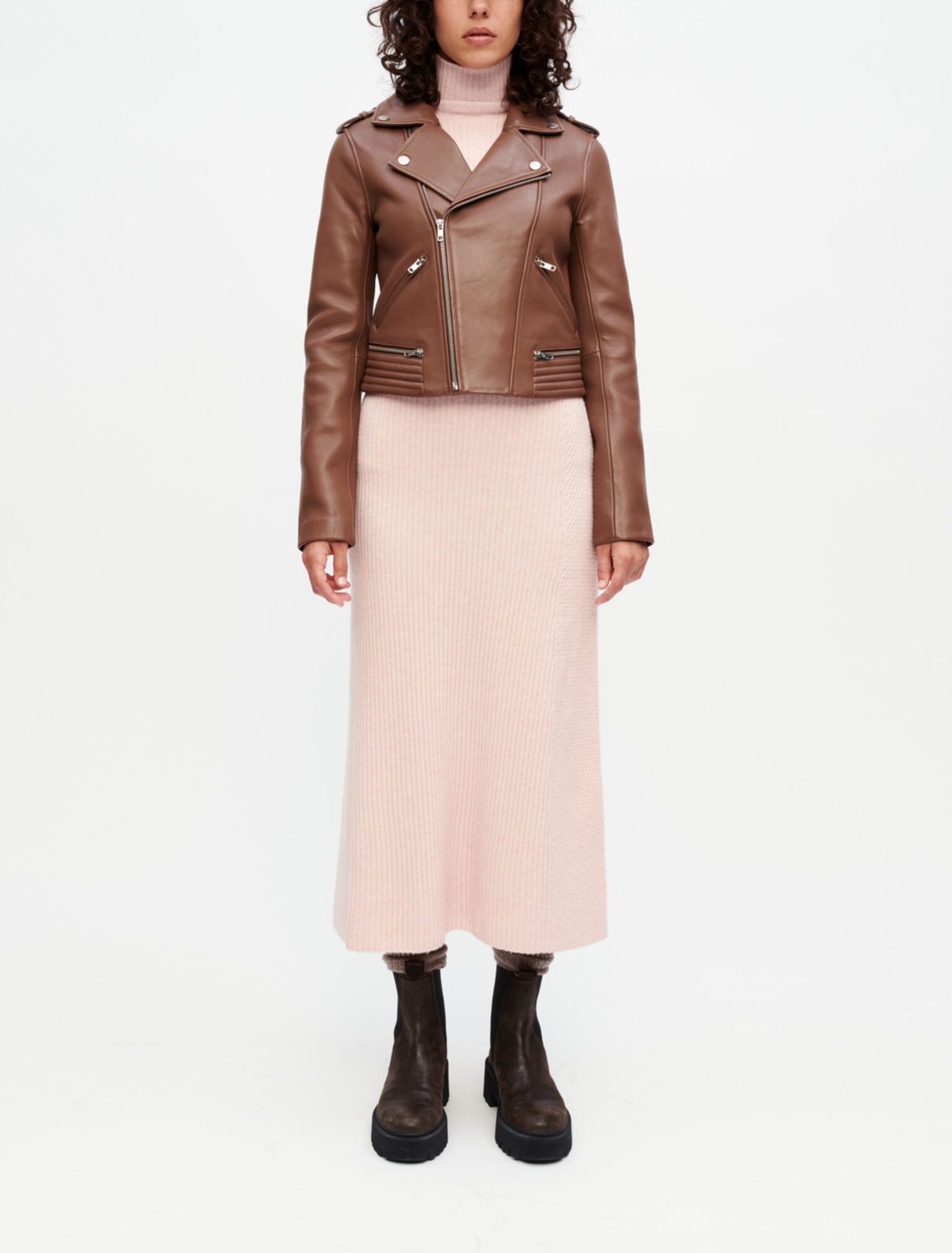 Giacca stile biker in pelle cammello