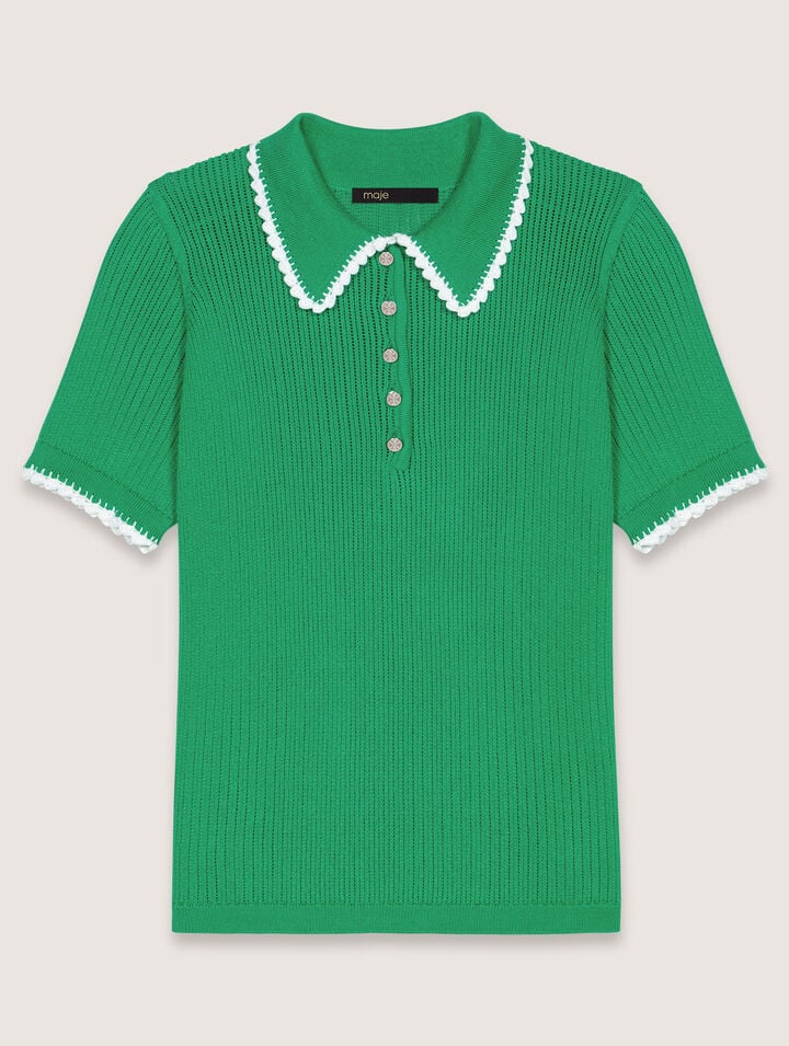 Polo in maglia pointelle e crochet