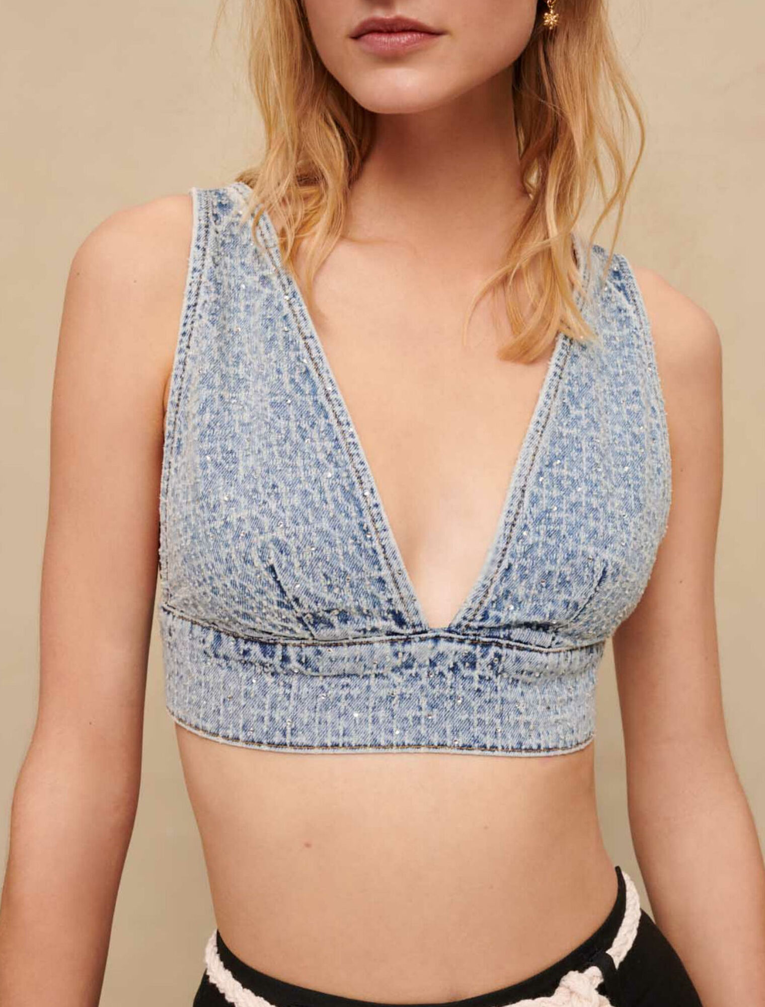 Brassière in denim con strass