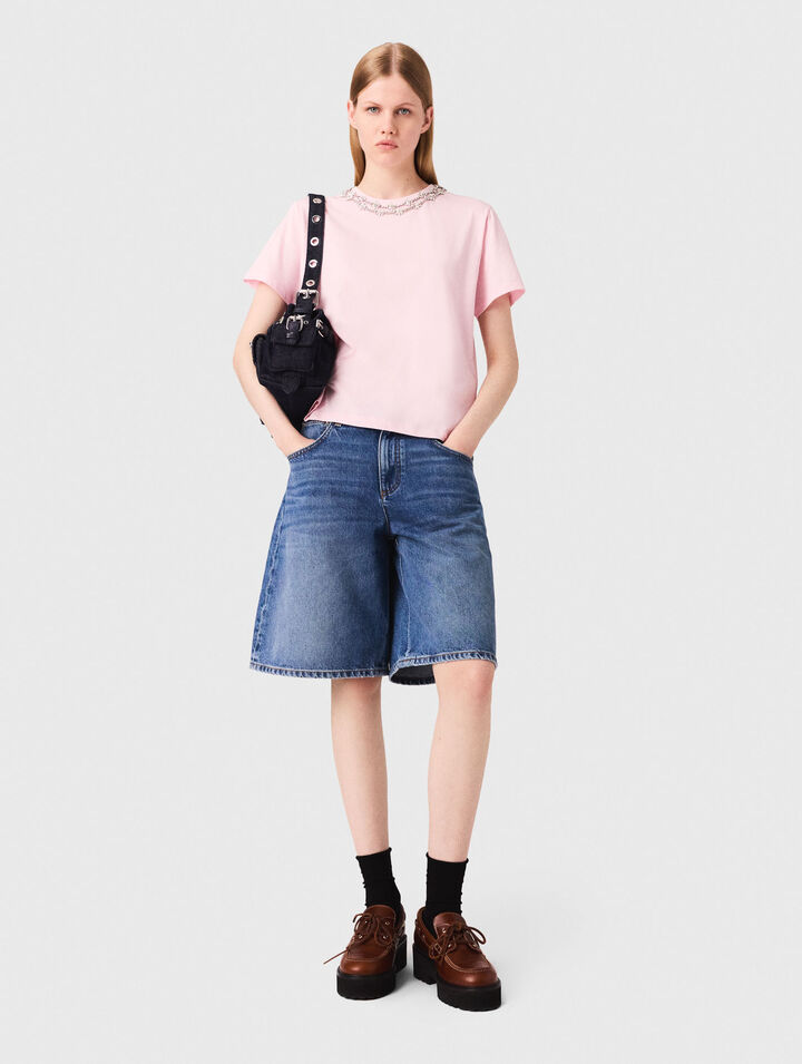 T-shirt maniche corte scollo bijou