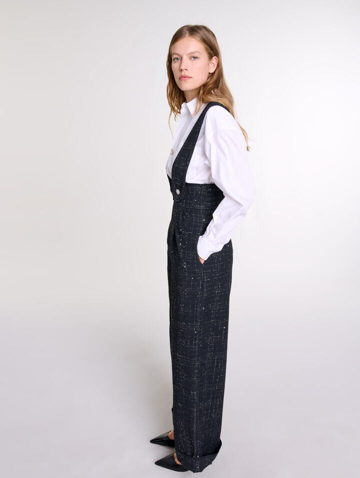 Pantaloni larghi bretelle in tweed