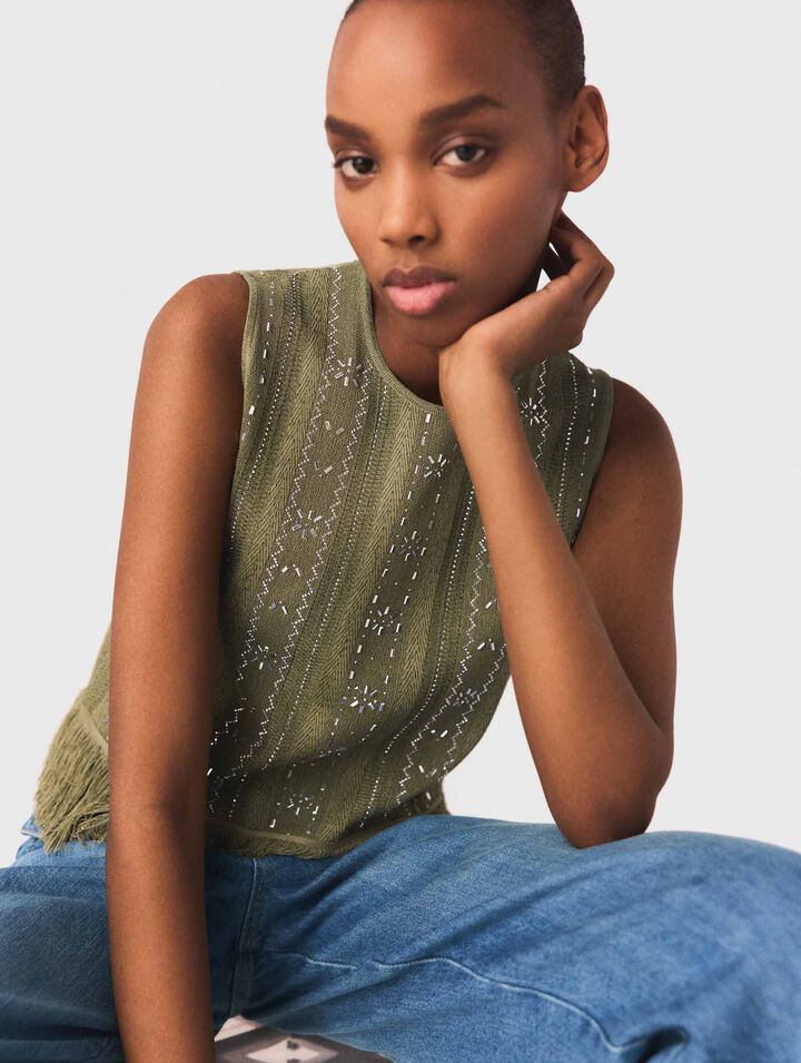 Top con fiori di strass e frange