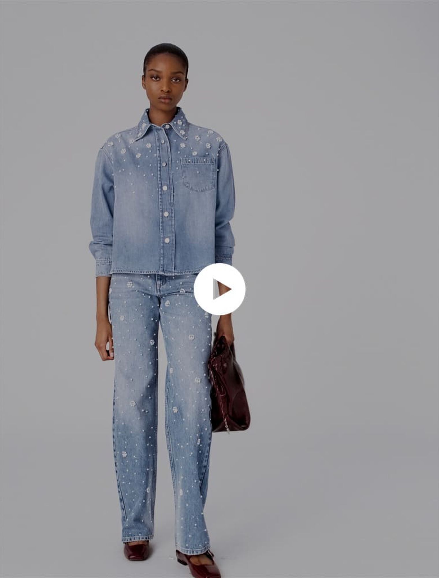 Camicia in denim con perle ricamate