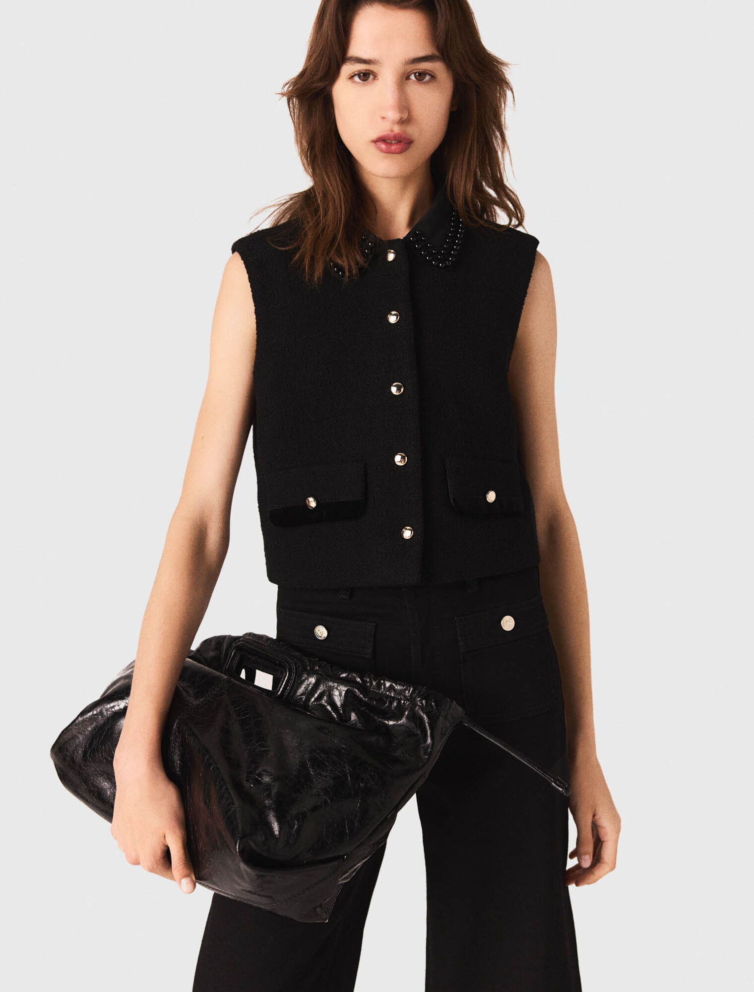 Top in tweed con profili in velluto