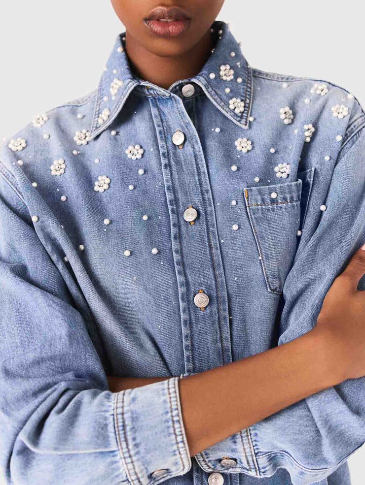 Camicia in denim con perle ricamate