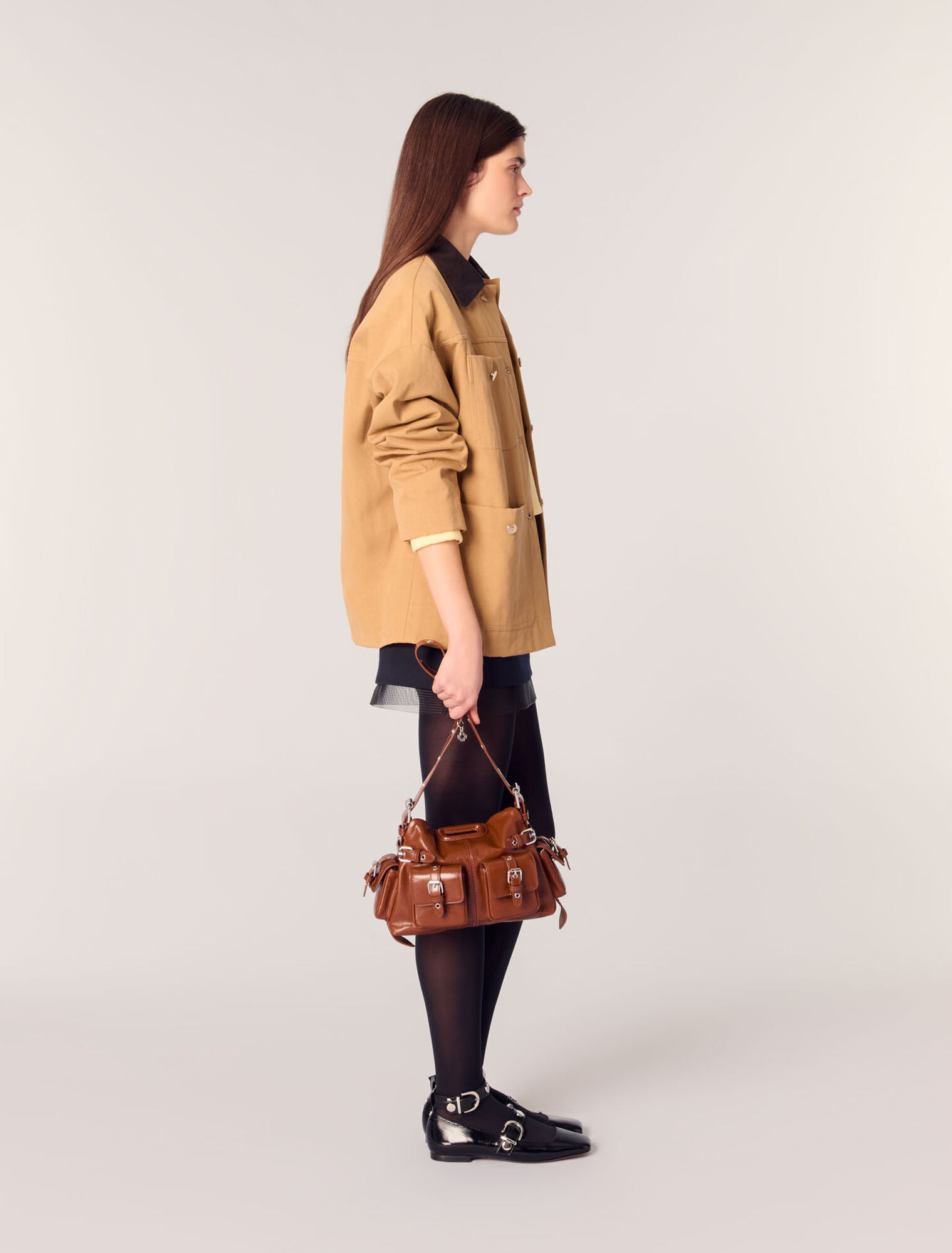 Cappotto in cotone collo in pelle