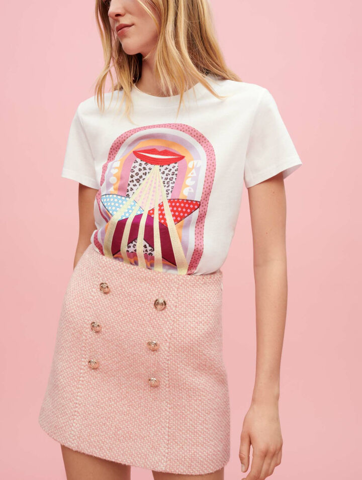 Gonna in tweed screziato rosa ed ecrù