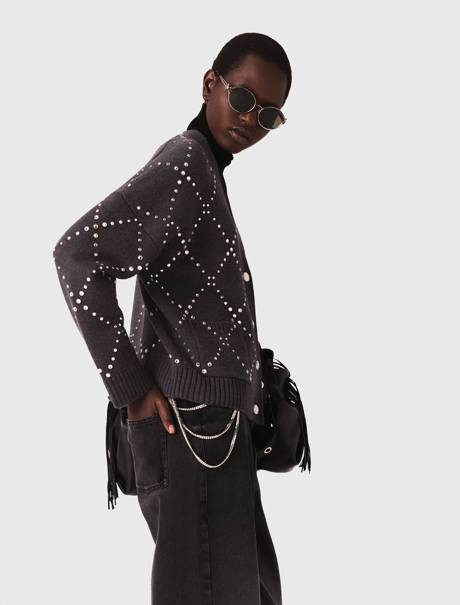 Cardigan a quadri con strass