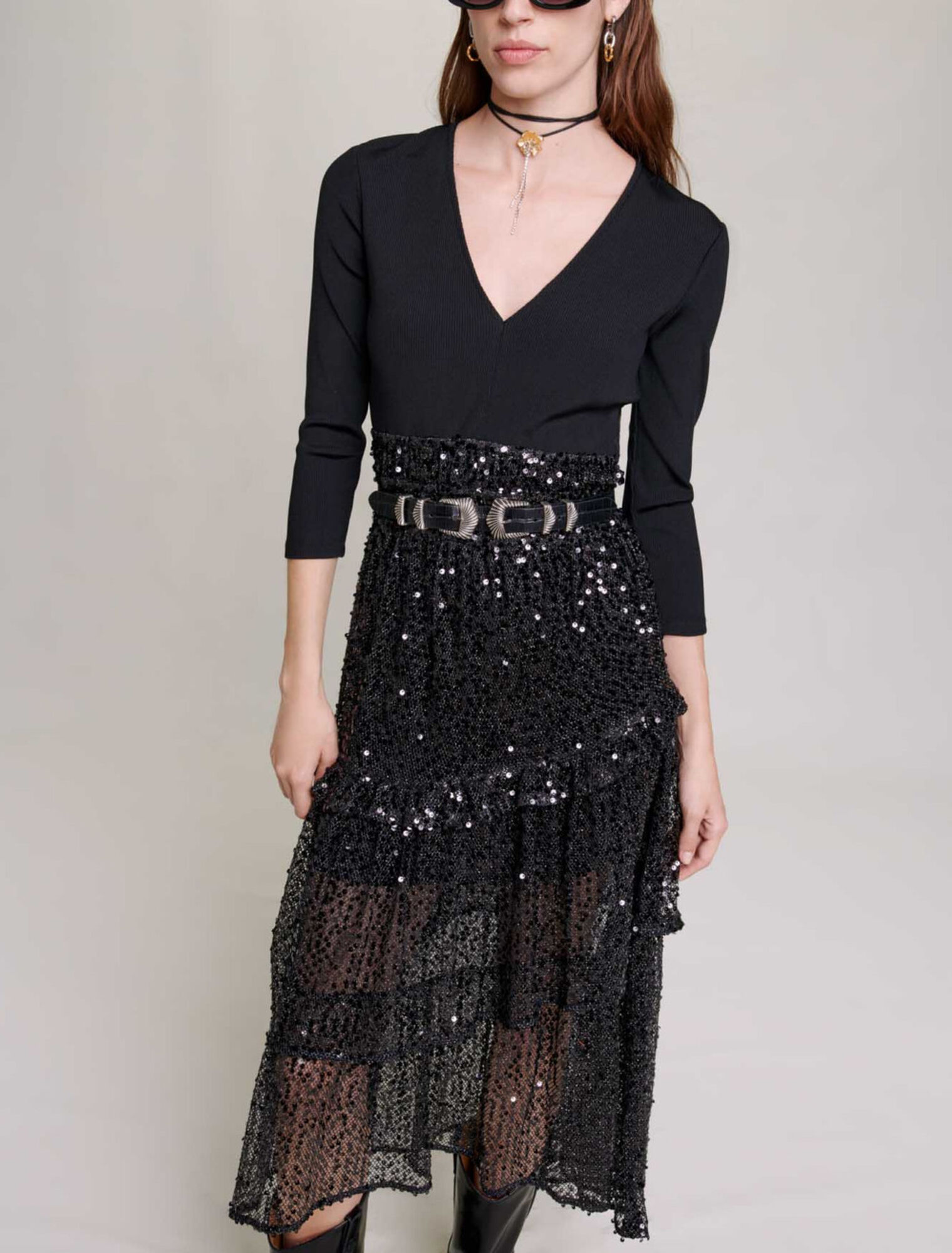 Abito lungo in mesh con paillettes