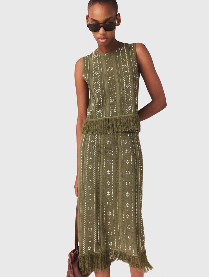 Gonna in maglia con fiori strass