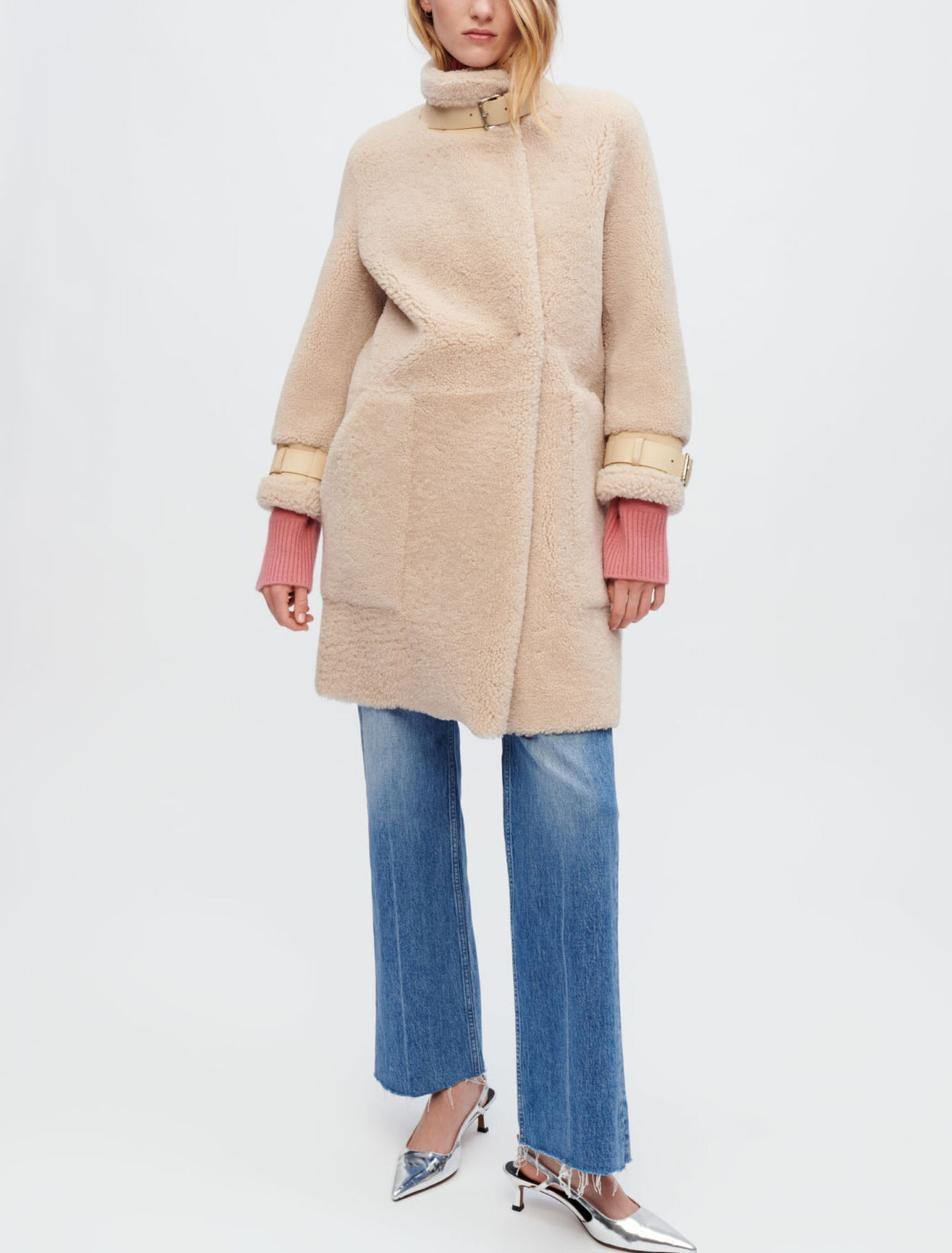 Cappotto in pelle scamosciata e pelle