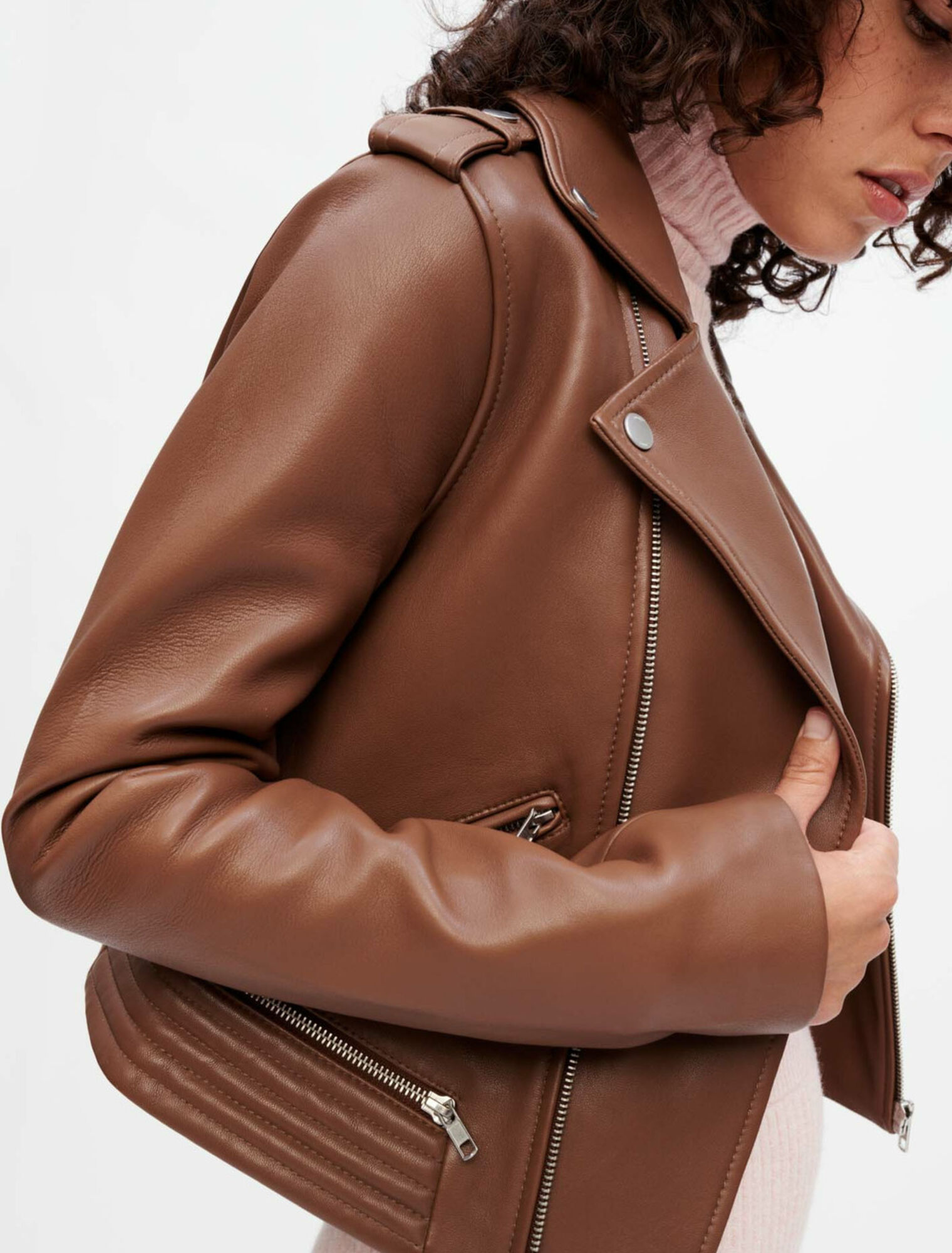 Giacca stile biker in pelle cammello