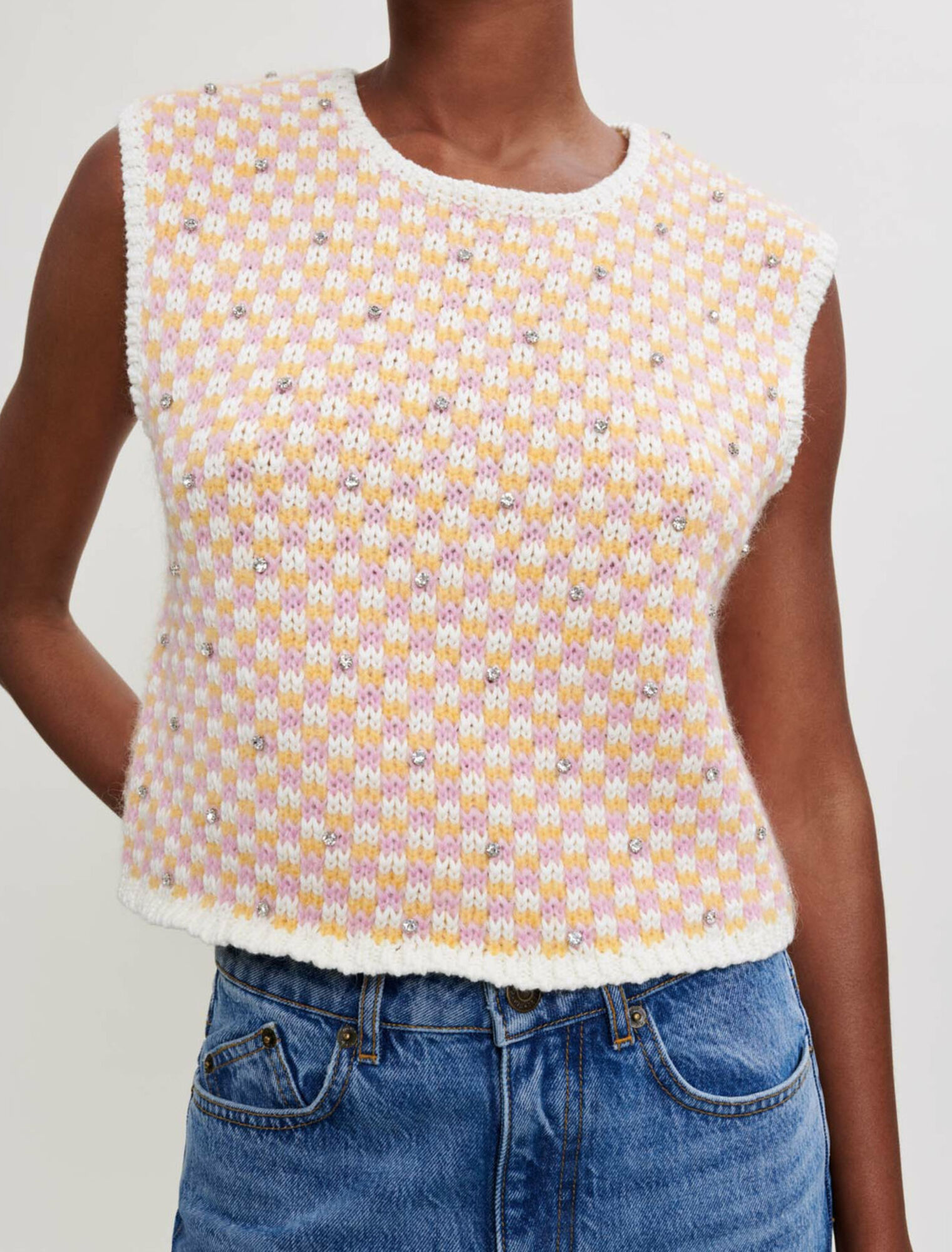 Pullover in maglia fantasia e strass