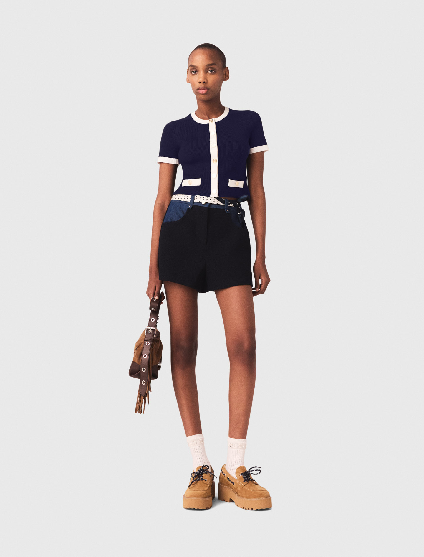 Cardigan Corto Dettagli A Contrasto - Navy/écru - Taglia 40 - Maje