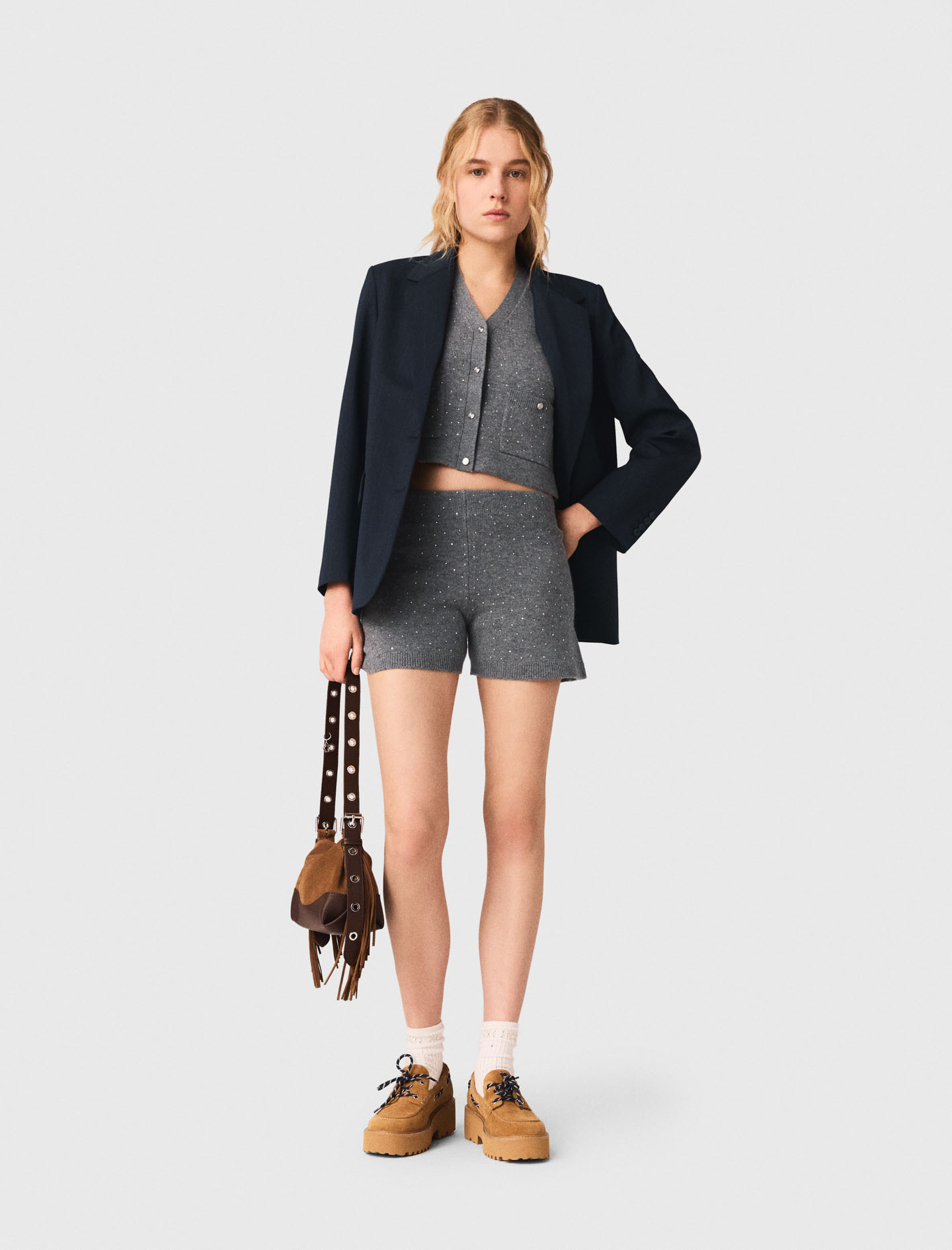 Shorts In Maglia Con Strass - Grigio - Taglia 38 - Maje